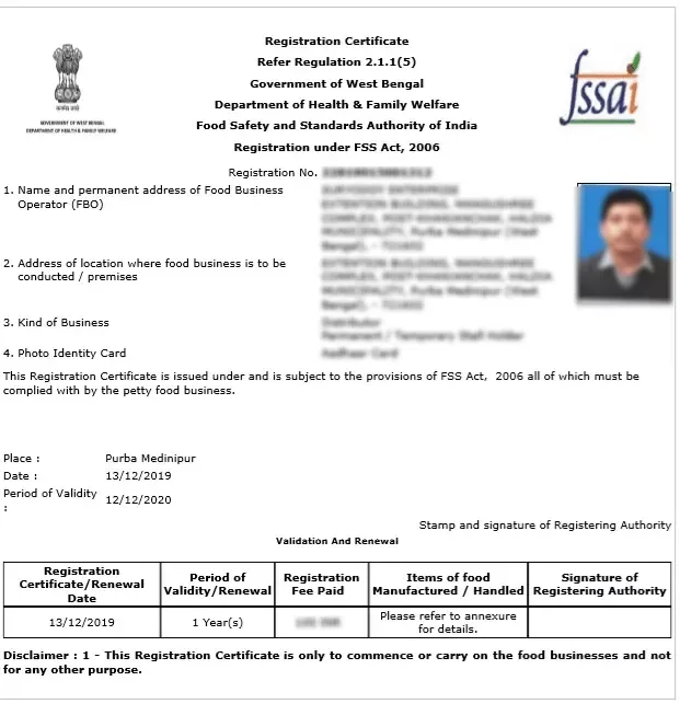 FSSAI Certificate Sample
